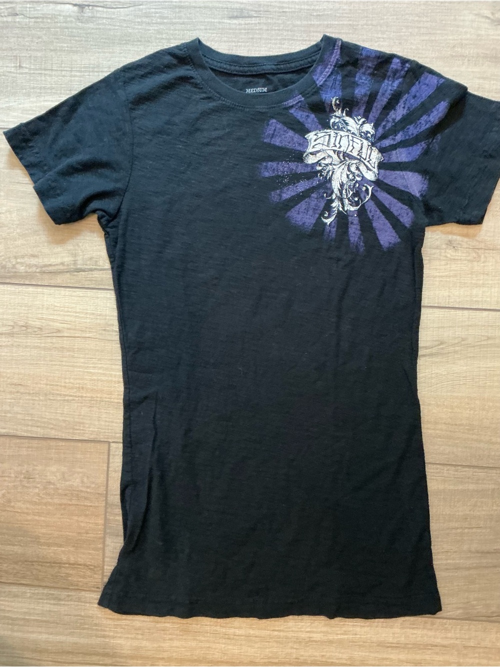 Sinful Black Tee with Purple Graphic Accents